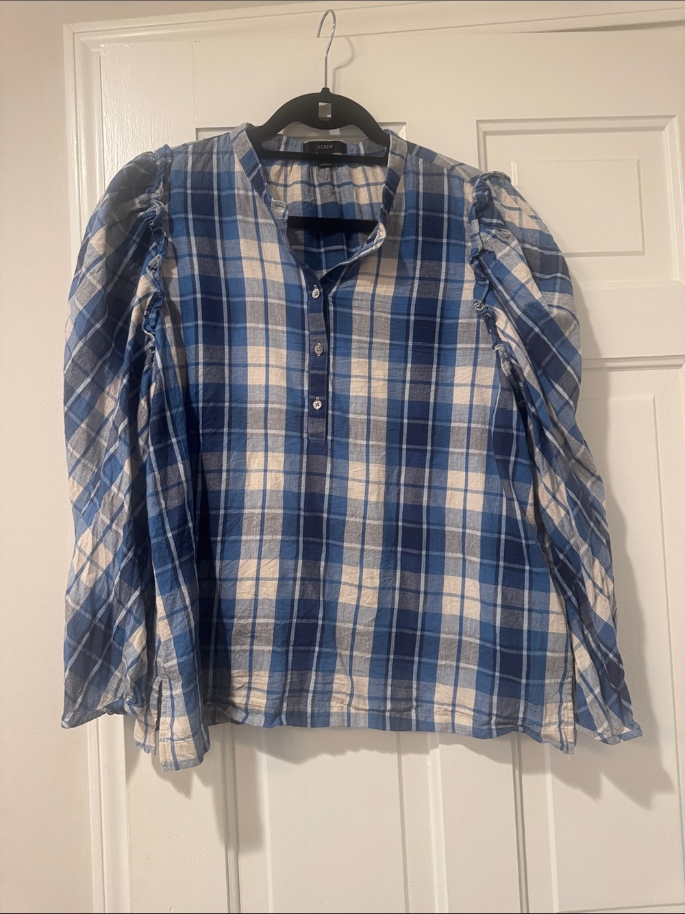J. Crew Blue and White Plaid Puff-Sleeve Blouse